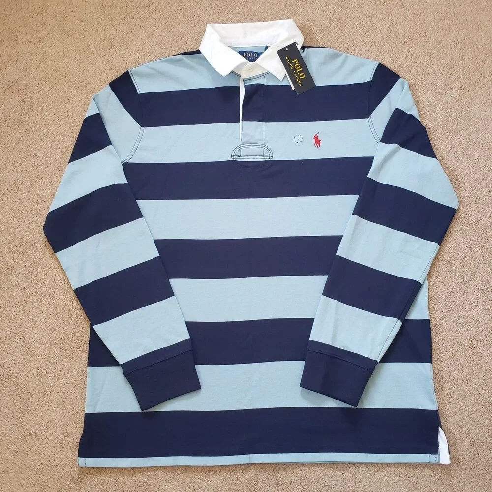 NWT Polo Ralph Lauren Light Blue & Navy Striped Sz Large Mens Rugby Long Sleeve